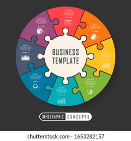 Puzzle infographics template for chart, diagram, web design, presentation, workflow layout. Business concept with 8 options, parts, steps or processes