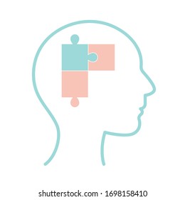 puzzle en el interior de la línea de cabeza humana diseño ícono, mente mental ciencias inteligencia idea medicina y educación tema Vector ilustración