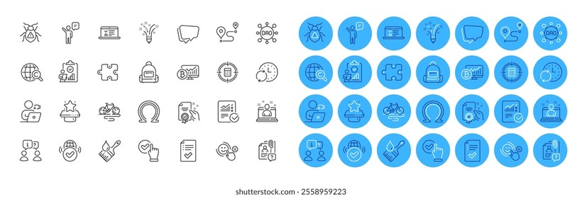 Puzzle, Inspect and Approved checklist line icons pack. Bike, Inspiration, Best manager web icon. Brush, Interview, Video conference pictogram. Search employee, Checked calculation, Agent. Vector