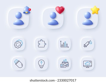 Puzzle, Inspect and Cloud storage line icons. Placeholder with 3d bell, star, heart. Pack of Usb stick, Medical syringe, Settings gears icon. Diagram graph, Swipe up pictogram. Vector