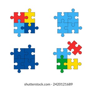 Puzzle isolated vector for World Autism Awareness Day concept. Colored and blue from puzzle pieces. Design element for card, border, banners, posters, printed products, cards, flyers, patterns, cover.