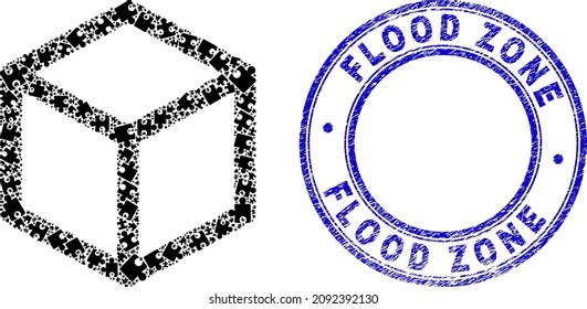 Puzzle isometric cube mosaic icon with Flood Zone badge. Blue vector round textured watermark with Flood Zone title. Abstract mosaic of isometric cube icon constructed of puzzle plugins.