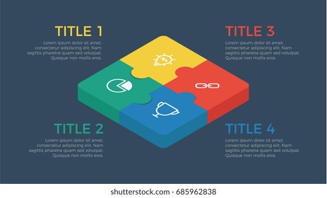 puzzle isometric infographic element vector with four number options, can be used for step, workflow, diagram, banner, process, business presentation template, price list, timeline, dark theme