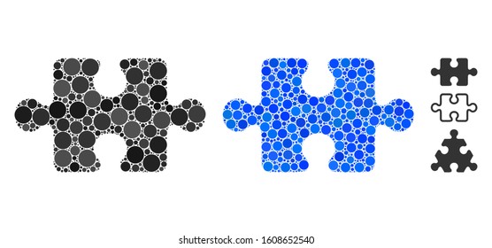 Puzzle item composition of small circles in variable sizes and color tinges, based on puzzle item icon. Vector filled circles are grouped into blue collage.