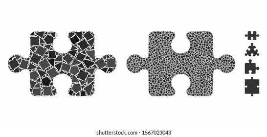 Puzzle item mosaic of rugged elements in various sizes and color tints, based on puzzle item icon. Vector abrupt elements are grouped into illustration. Puzzle item icons collage with dotted pattern.