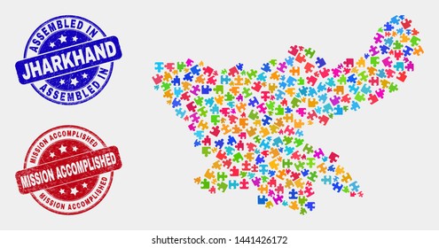 Puzzle Jharkhand State map and blue Assembled stamp, and Mission Accomplished scratched seal stamp. Colored vector Jharkhand State map mosaic of plugin elements.