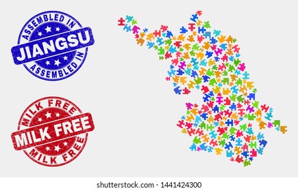 Puzzle Jiangsu Province map and blue Assembled seal stamp, and Milk Free distress seal stamp. Colorful vector Jiangsu Province map mosaic of puzzle. Red round Milk Free rubber.