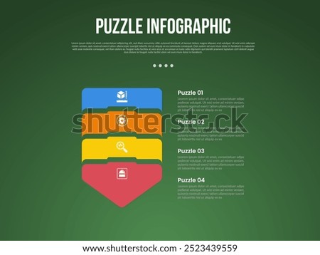 puzzle or jigsaw base infographic with arrow bottom direction with 4 point with dark style for slide presentation vector