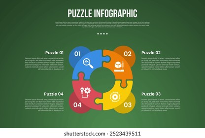 infográfico de base de quebra-cabeça ou quebra-cabeça com grande piechart de contorno e emblema de círculo no lado com 4 pontos com estilo escuro para vetor de apresentação de slide