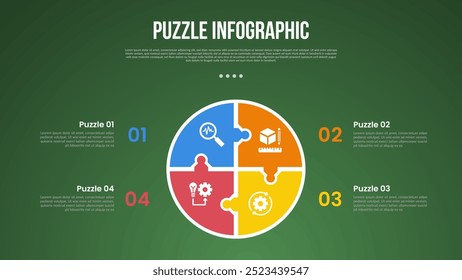 puzzle or jigsaw base infographic with big circle outline on center position with 4 point with dark style for slide presentation vector