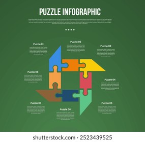 Infografía de la base del rompecabezas o del rompecabezas con el círculo agudo creativo del ciclo del objeto con 8 puntos con el estilo oscuro para el Vector de la presentación de la diapositiva