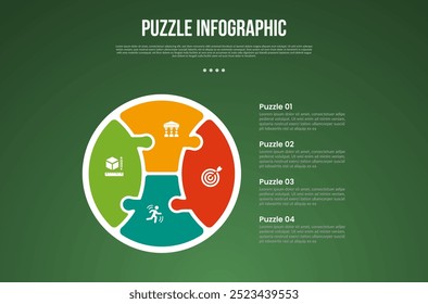 puzzle or jigsaw base infographic with outline circle on left side position with 4 point with dark style for slide presentation vector