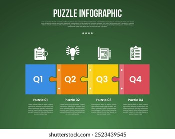 puzzle or jigsaw base infographic with square shape box on horizontal direction with 4 point with dark style for slide presentation vector