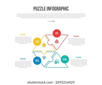 Rompecabezas Forma de la base Infografía Diagrama de Plantilla con forma de triángulo en la estructura de posición circular con paso de 4 puntos Vector de contorno plano simple creativo