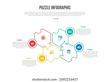 Rompecabezas Forma de la base Infografías Diagrama de Plantilla con hexágono creativo Bloqueado entre sí con insignia circular con paso de 4 puntos Vector de contorno plano simple creativo