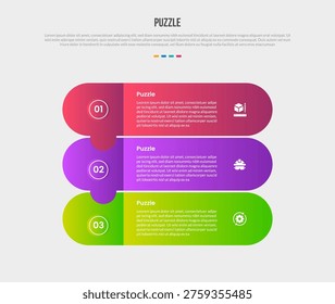 Puzzle or jigsaw base shape infographics gradient template diagram with round rectangle long on vertical stacked list with 3 point step creative vector