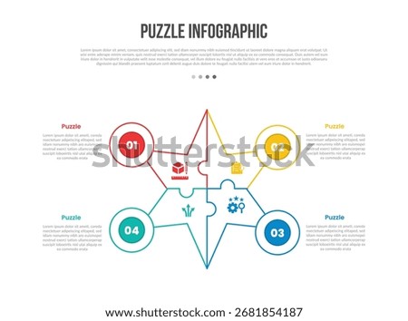 puzzle jigsaw base shape infographics template diagram with star shape center with circle on edge with 4 point step creative simple flat outline vector