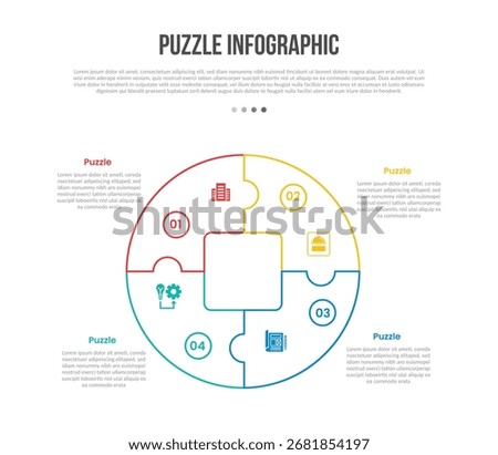 puzzle jigsaw base shape infographics template diagram with big circle with square box center with 4 point step creative simple flat outline vector