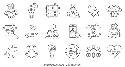 Juego de rompecabezas de rompecabezas, juego de iconos de línea de concepto de equipo. Brainstorm, Reunión, Estrategia, Pictograma Lineal de Solución. Colección de símbolos de esquema de administración de equipos. Stroke editable. Ilustración de vectores aislados.