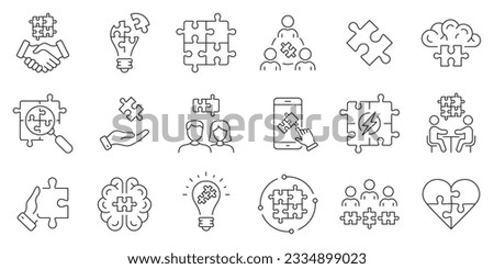 Puzzle Jigsaw Game, Teamwork Concept Line Icon Set. Brainstorm, Meeting, Strategy, Solution Linear Pictogram. Team Management Outline Symbol Collection. Editable Stroke. Isolated Vector Illustration.