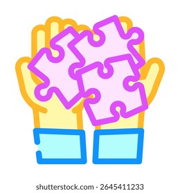 puzzle jigsaw mão cor ícone vetor. quebra- cabeça quebra- cabeça sinal de mão. símbolo isolado ilustração