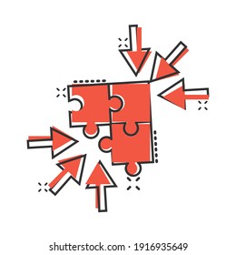 Puzzle jigsaw icon in comic style. Solution compatible cartoon vector illustration on white isolated background. Combination splash effect business concept.