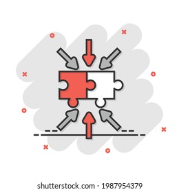 Puzzle jigsaw icon in comic style. Solution compatible cartoon vector illustration on white isolated background. Combination splash effect business concept.