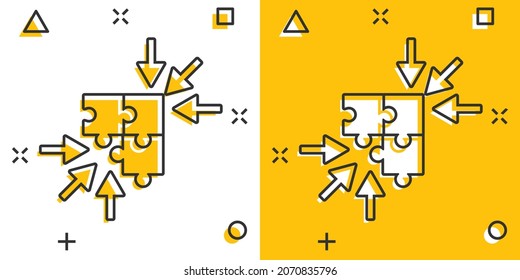 Puzzle jigsaw icon in comic style. Solution compatible cartoon vector illustration on white isolated background. Combination splash effect business concept.