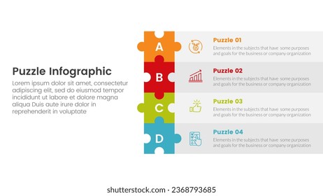 puzzle jigsaw infographic 4 point stage template with long rectangle box stack on right layout with description for slide presentation