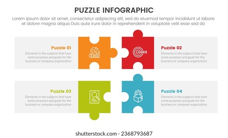 infografía de rompecabezas de rompecabezas de 4 puntos plantilla de escenario con cuadro de rectángulo largo horizontal con descripción de presentación de diapositivas