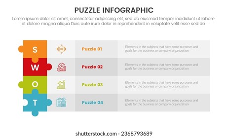 puzzle jigsaw infographic 4 point stage template with long rectangle box table on center with description for slide presentation