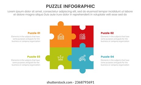 Puzzle-Jigsaw-Infografik-4-Punkt-Vorlage mit quadratischer Formkombination in der Mitte mit Beschreibung der Präsentation