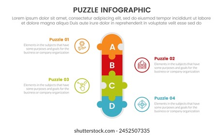 puzzle infografía de rompecabezas Plantilla de etapa de 4 puntos con forma de rompecabezas de Vertical con contenido de contorno circular con descripción para presentación de diapositivas Vector