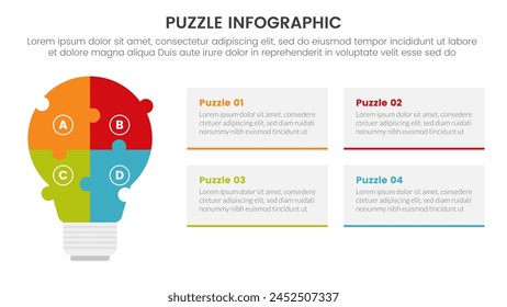 Plantilla de etapa de 4 puntos con forma de lámpara de idea para la creatividad con descripción para el Vector de presentación de diapositivas