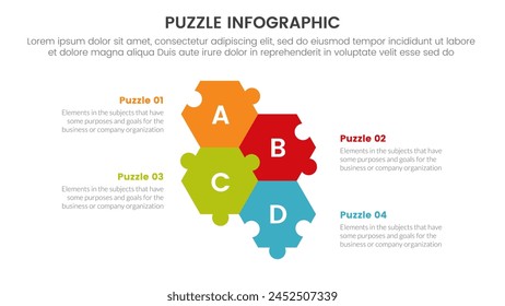 puzzle jigsaw infographic 4 point stage template with unbalance puzzle center up and down with description for slide presentation vector