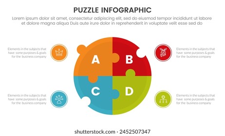 puzzle jigsaw infographic 4 point stage template with big puzzle circle on center with description for slide presentation vector