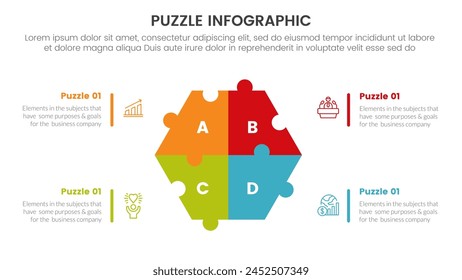 Plantilla de etapa de 4 puntos con base hexagonal en el centro con descripción para el Vector de presentación de diapositivas