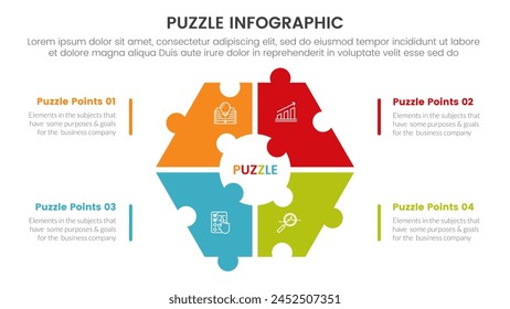 Plantilla de etapa de 4 puntos con forma hexagonal o hexagonal en el centro con descripción para el Vector de presentación de diapositivas