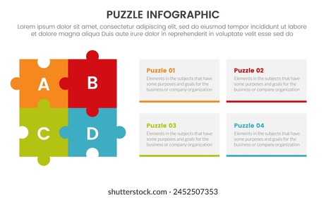 Plantilla de etapa de 4 puntos con combinación de rompecabezas cuadrado y contenido de texto rectángulo de caja con descripción para Vector de presentación de diapositivas