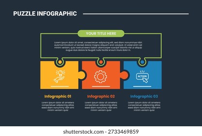 puzzle or jigsaw infographic process diagram with rectangle box connection on horizontal direction with dark background bright outline style 3 points vector