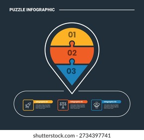 puzzle or jigsaw infographic process diagram with pin maps location marker with horizontal information lined up with dark background bright outline style 3 points vector