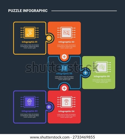puzzle or jigsaw infographic process diagram with square box empty and fill structure combination with dark background bright outline style 6 points vector