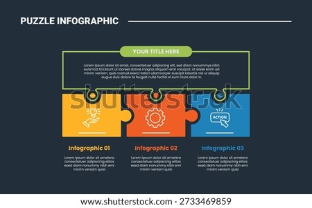 puzzle or jigsaw infographic process diagram with rectangle box connection on horizontal direction with dark background bright outline style 3 points vector