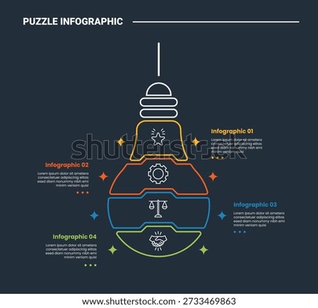 puzzle or jigsaw infographic process diagram with light bulb vertical part with star spreading around with dark background bright outline style 4 points vector