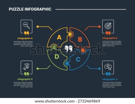 puzzle or jigsaw infographic process diagram with big circle on quadrant structure with dot line pointer with dark background bright outline style 4 points vector