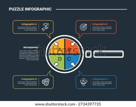 puzzle or jigsaw infographic process diagram with magnifying glass tools horizontal with callout speech bubble discussion with dark background bright outline style 4 points vector