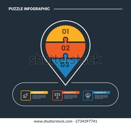 puzzle or jigsaw infographic process diagram with pin maps location marker with horizontal information lined up with dark background bright outline style 3 points vector