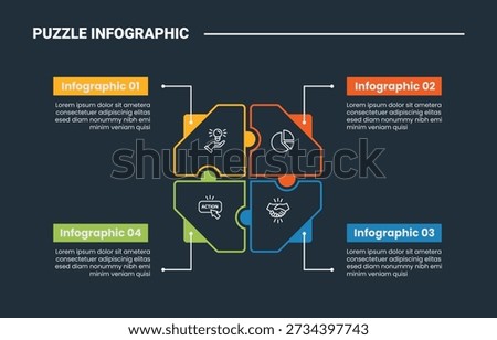 puzzle or jigsaw infographic process diagram with triangle on quadrant structure with line pointer with dark background bright outline style 4 points vector