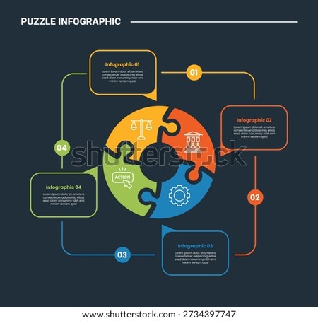 puzzle or jigsaw infographic process diagram with big circle center move cycle circular with speech bubble discussion box with dark background bright outline style 4 points vector