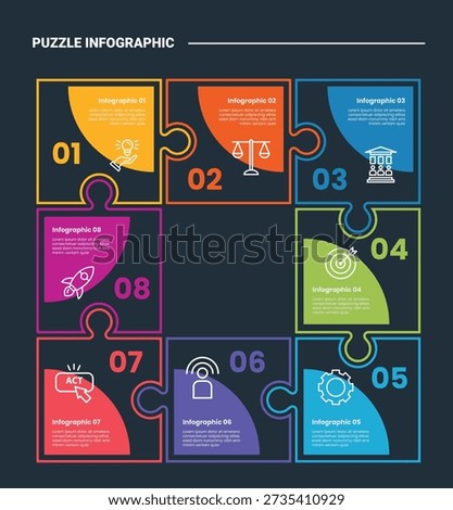 puzzle or jigsaw infographic process diagram with small square components on circular cycle create big square structure with dark background bright outline style 8 points vector